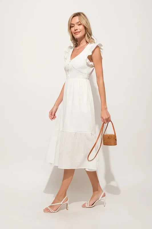 Ruffle Sleeve Front Smocked Tiered Midi Dress - Eva's Edition