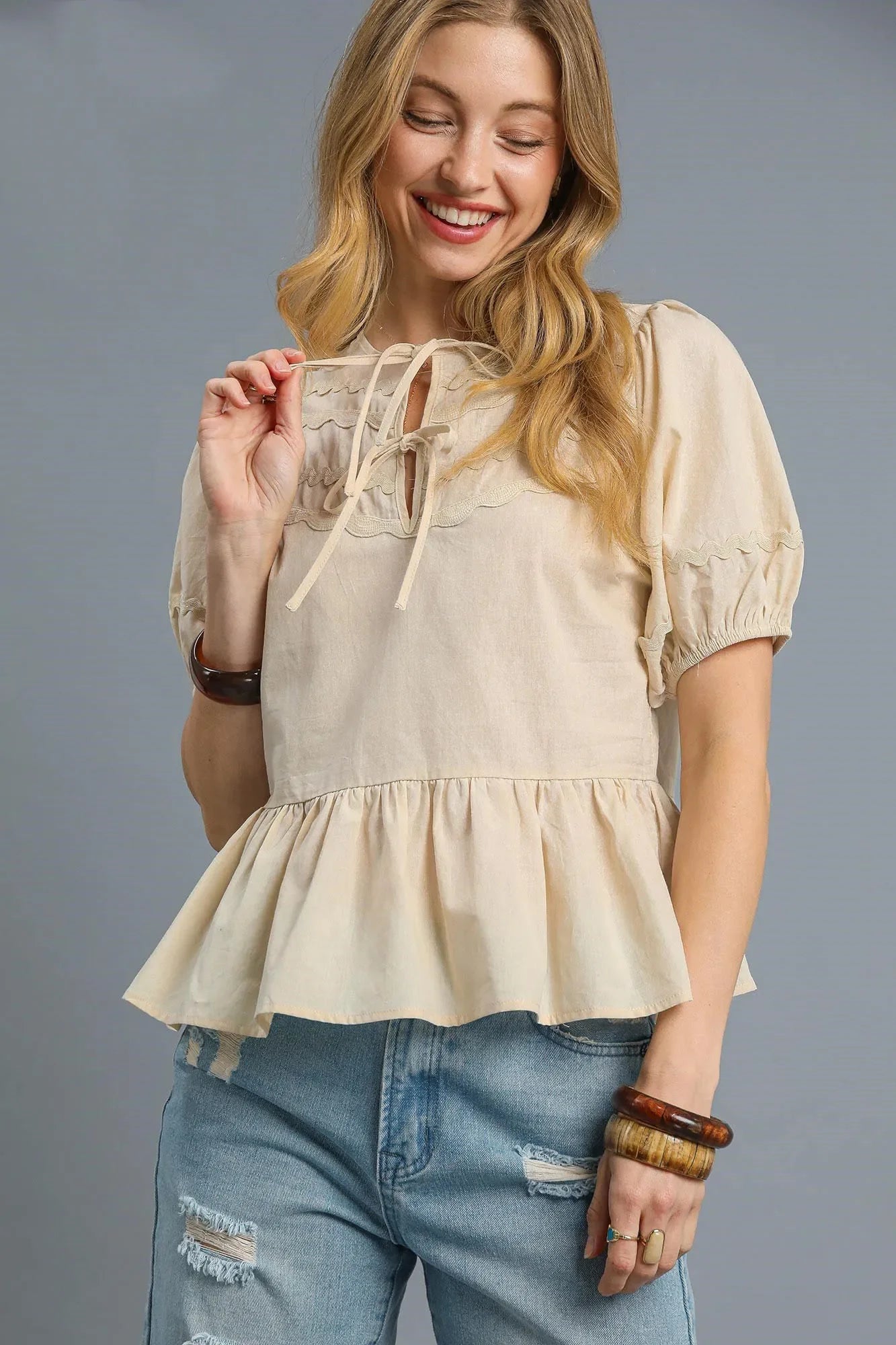 Front Tie Puff Sleeve Blouse - Eva's Edition