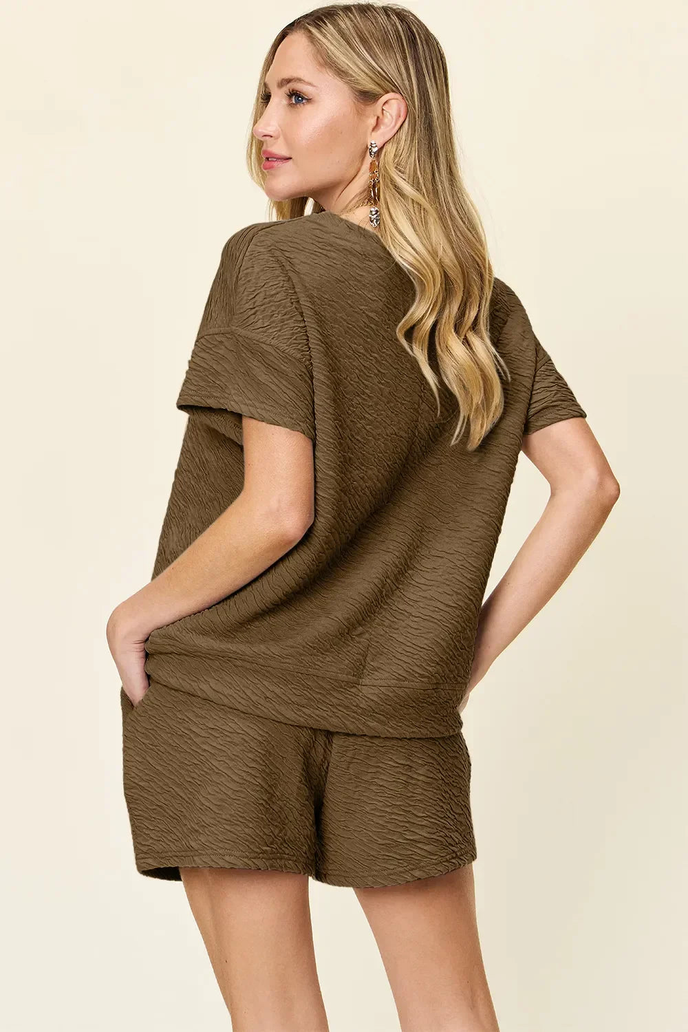 Textured Short Sleeve T-Shirt and Drawstring Shorts Set - Eva's Edition