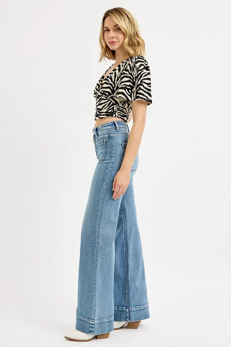 High Rise Wide Flare Patch Pocket Jeans Plus Size - Eva's Edition