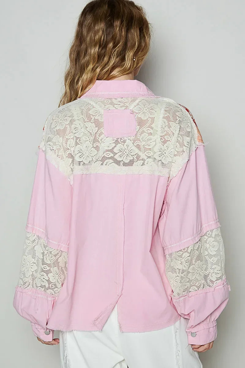 Printed Woven Mix Raw Hem Jacket with Lace Detail - Eva's Edition