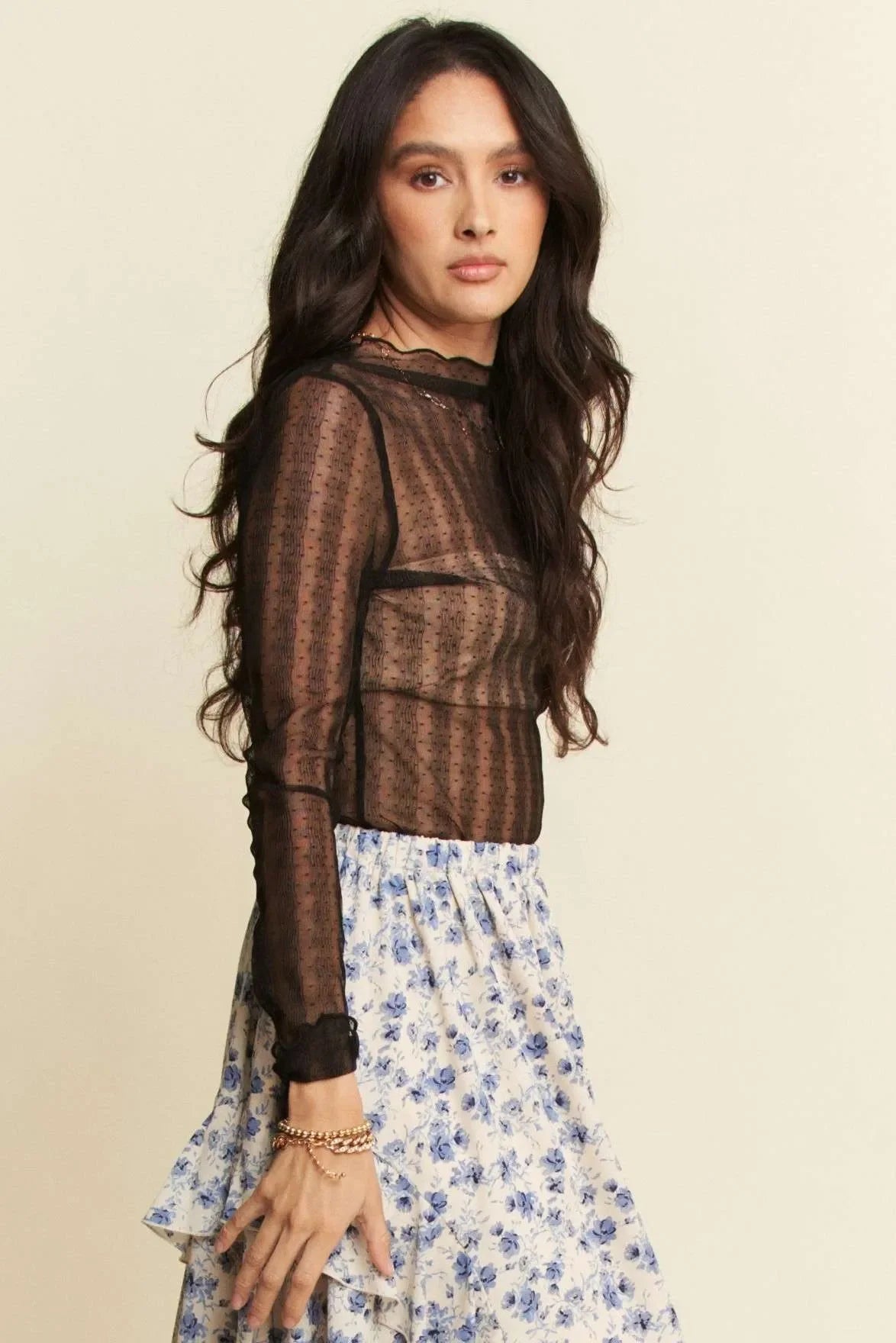Turtle Neck Lace Dotted Stretch Mesh Sheer Top - Eva's Edition