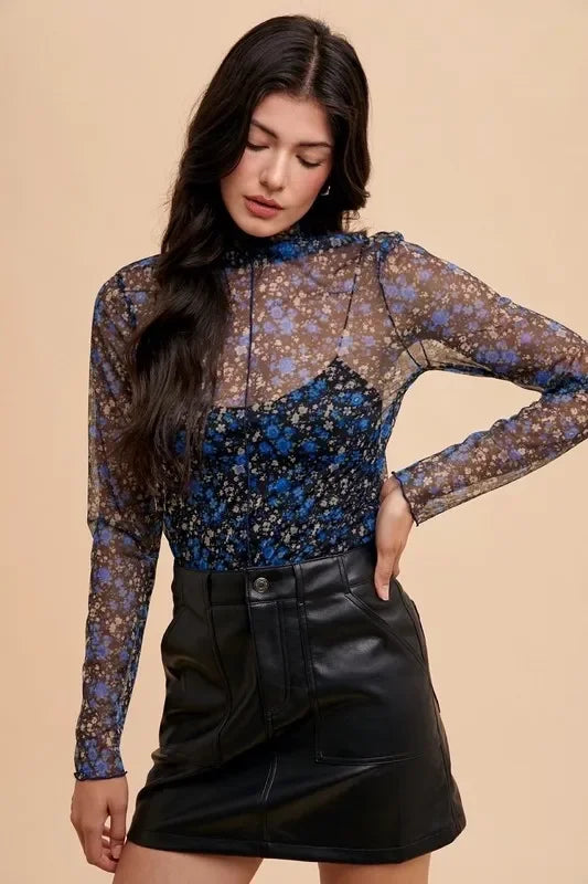 Annie Wear Floral Lettuce Hem Sheer Mesh Top - Eva's Edition