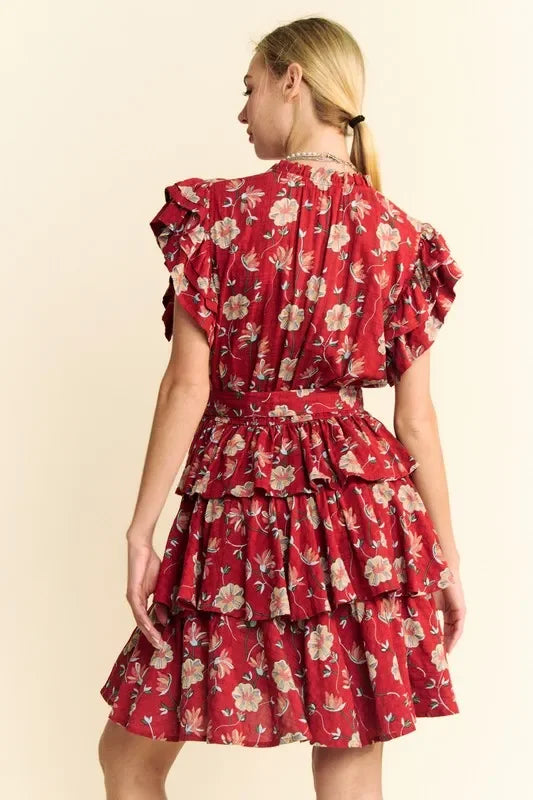 Ruffle Flutter Sleeve Tie Belt Tiered Mini Dress - Eva's Edition