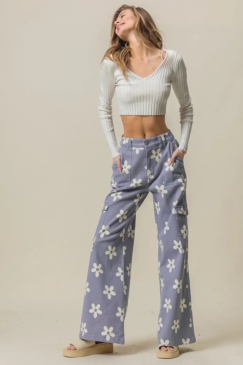 Flower Printed Side Pocket Wide Pants - Eva's Edition