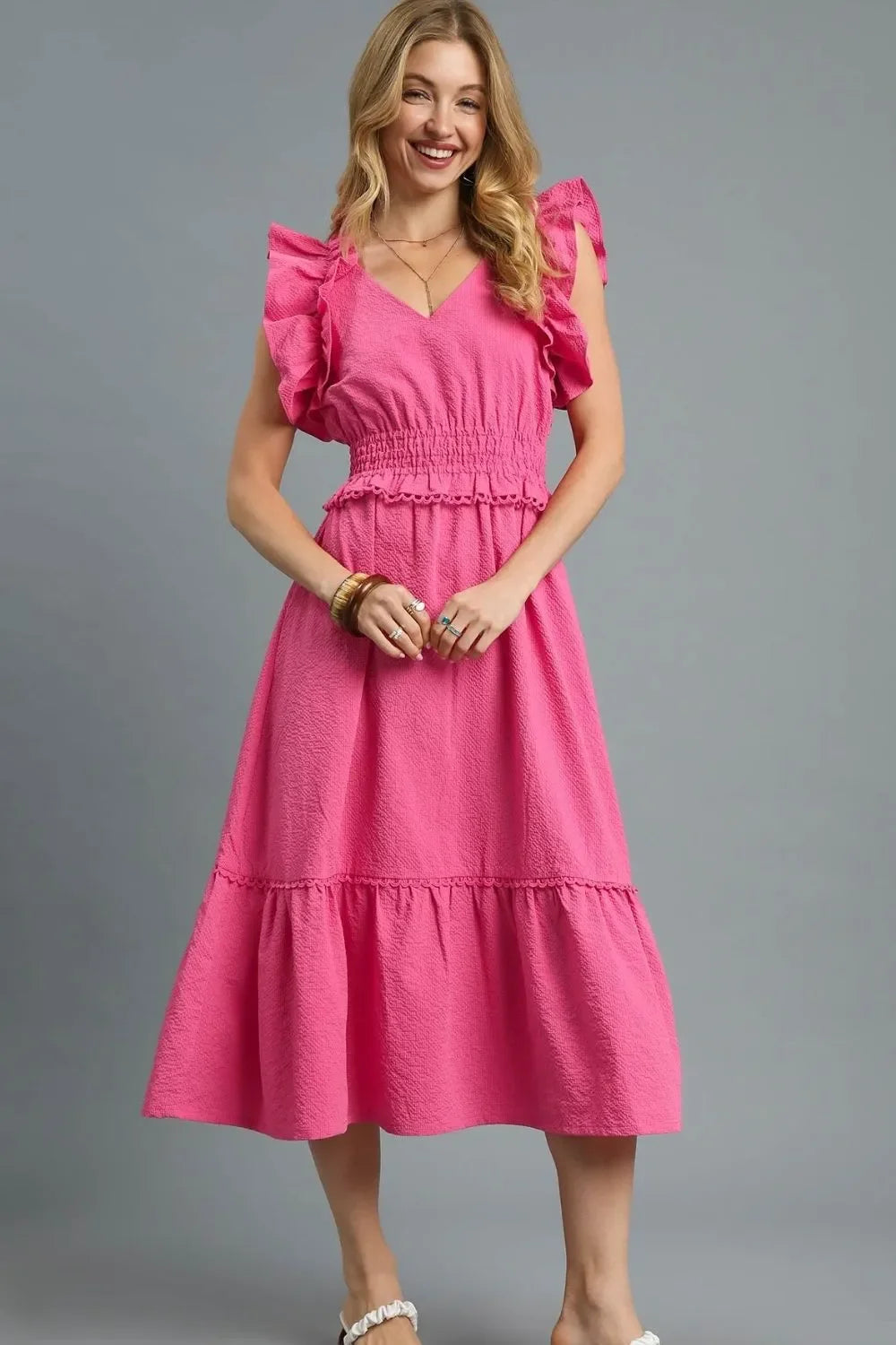 V-Neck Ruffled Cap Sleeve Midi Dress - Eva's Edition