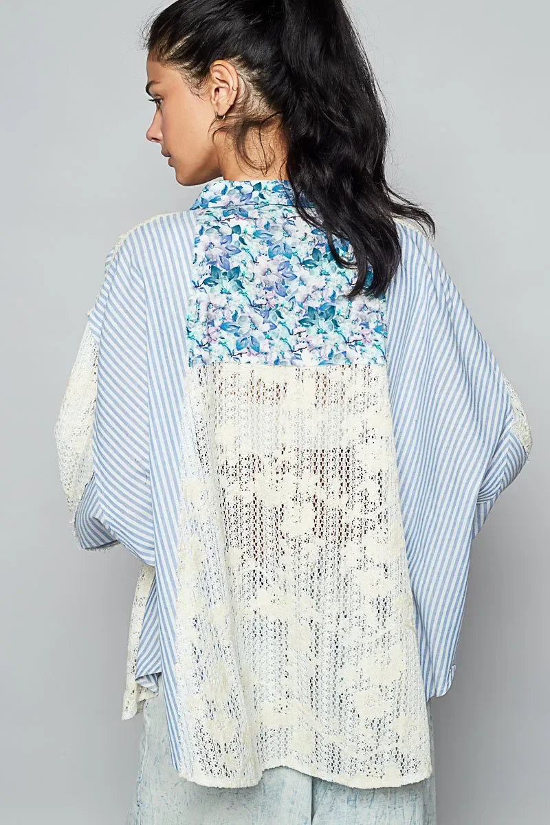Lace Long Sleeve Shirt with Floral and Striped Pattern - Eva's Edition