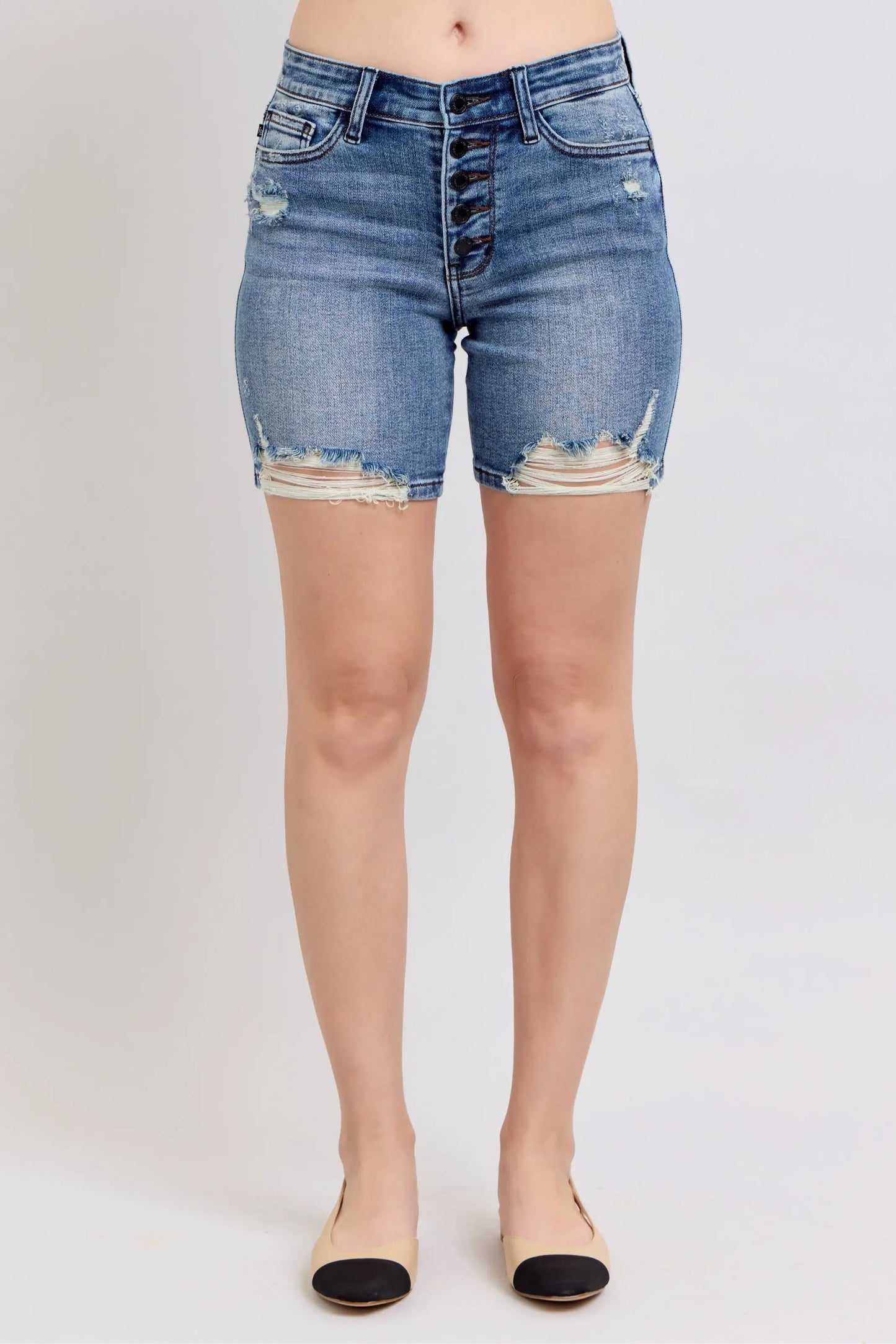 Mid Length Denim Shorts W/ Destroy - Eva's Edition