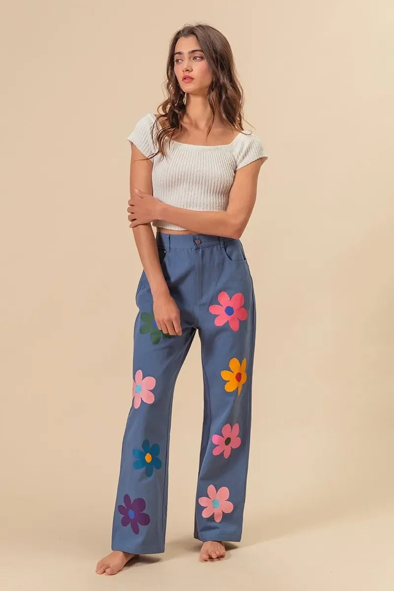 Flower Print Straight Legs Pants - Eva's Edition