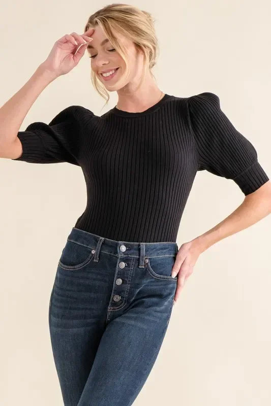 Puffed Half Sleeve Rib Basic Bodysuit - Eva's Edition