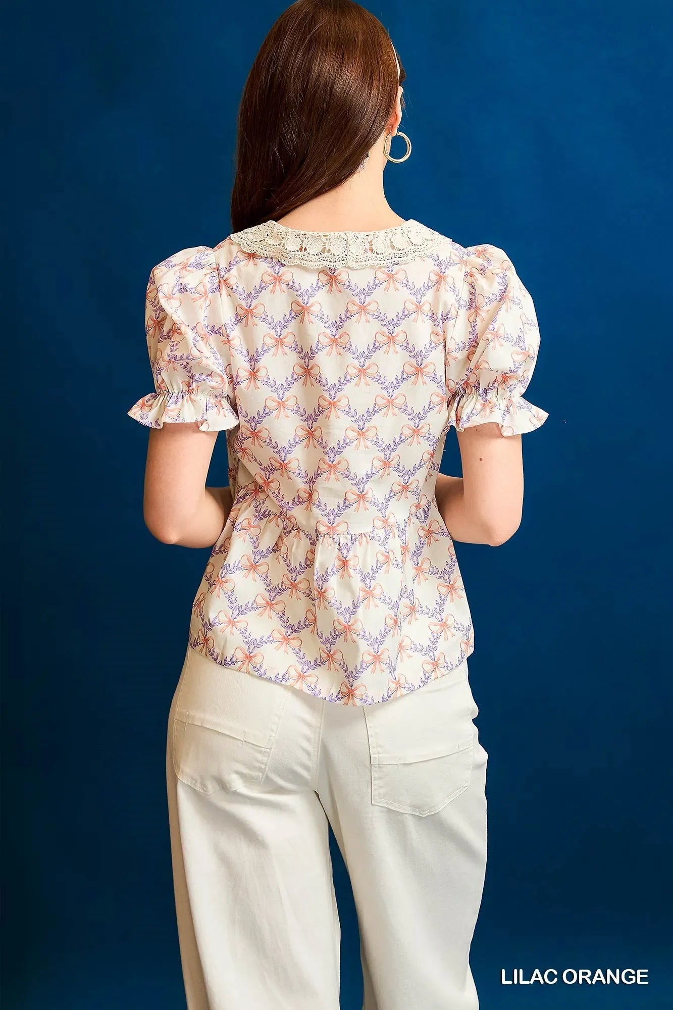 Lace Detail Bow Print Flounce Sleeve Blouse - Eva's Edition