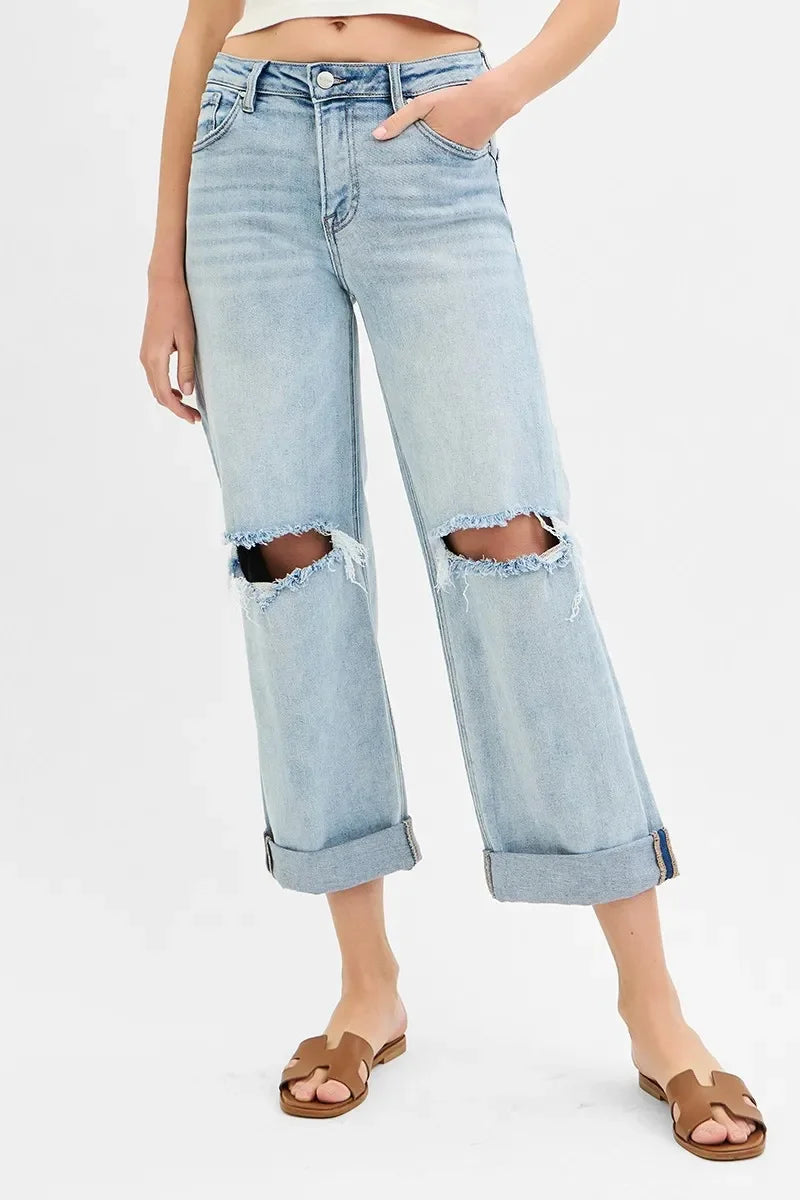 Mid Rise Fit Boyfriend Jeans with Cuff Plus Size - Eva's Edition
