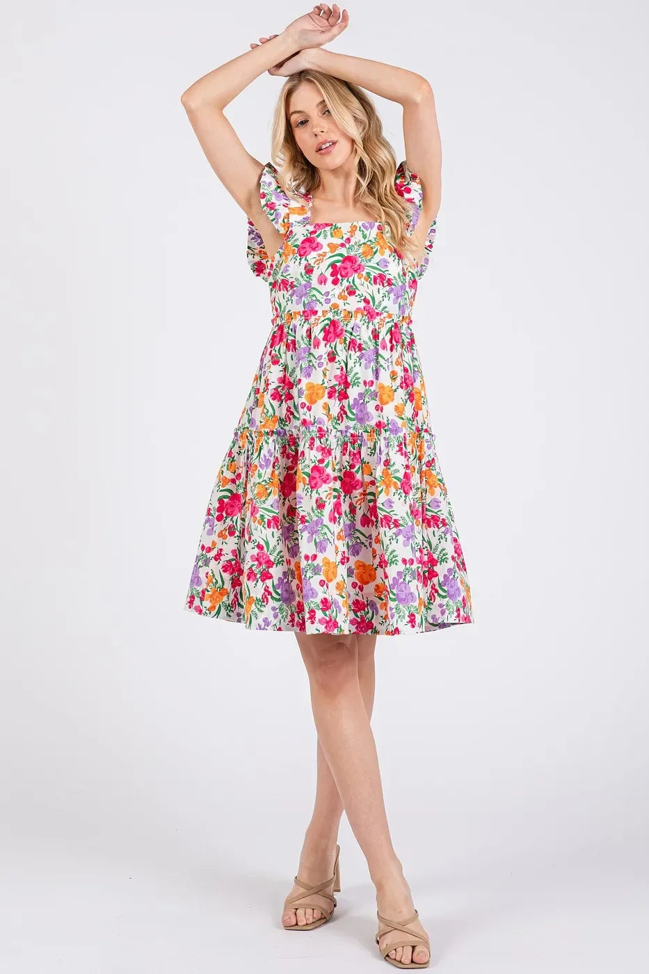 Flower Print Ruffle Shoulder A-line Mini Dress - Eva's Edition