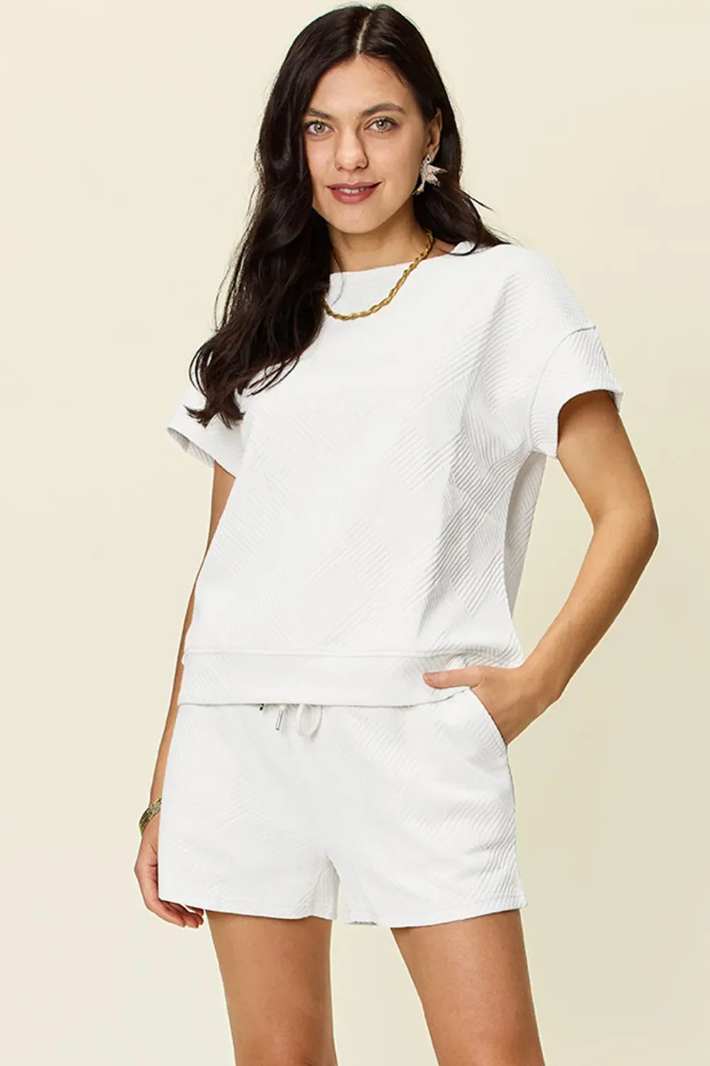 Textured Short Sleeve T-Shirt and Drawstring Shorts Set - Eva's Edition