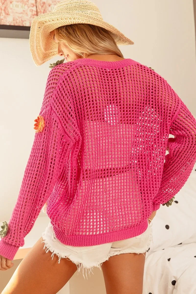 Floral Patched Open Knit Sweater Cardigan - Eva's Edition