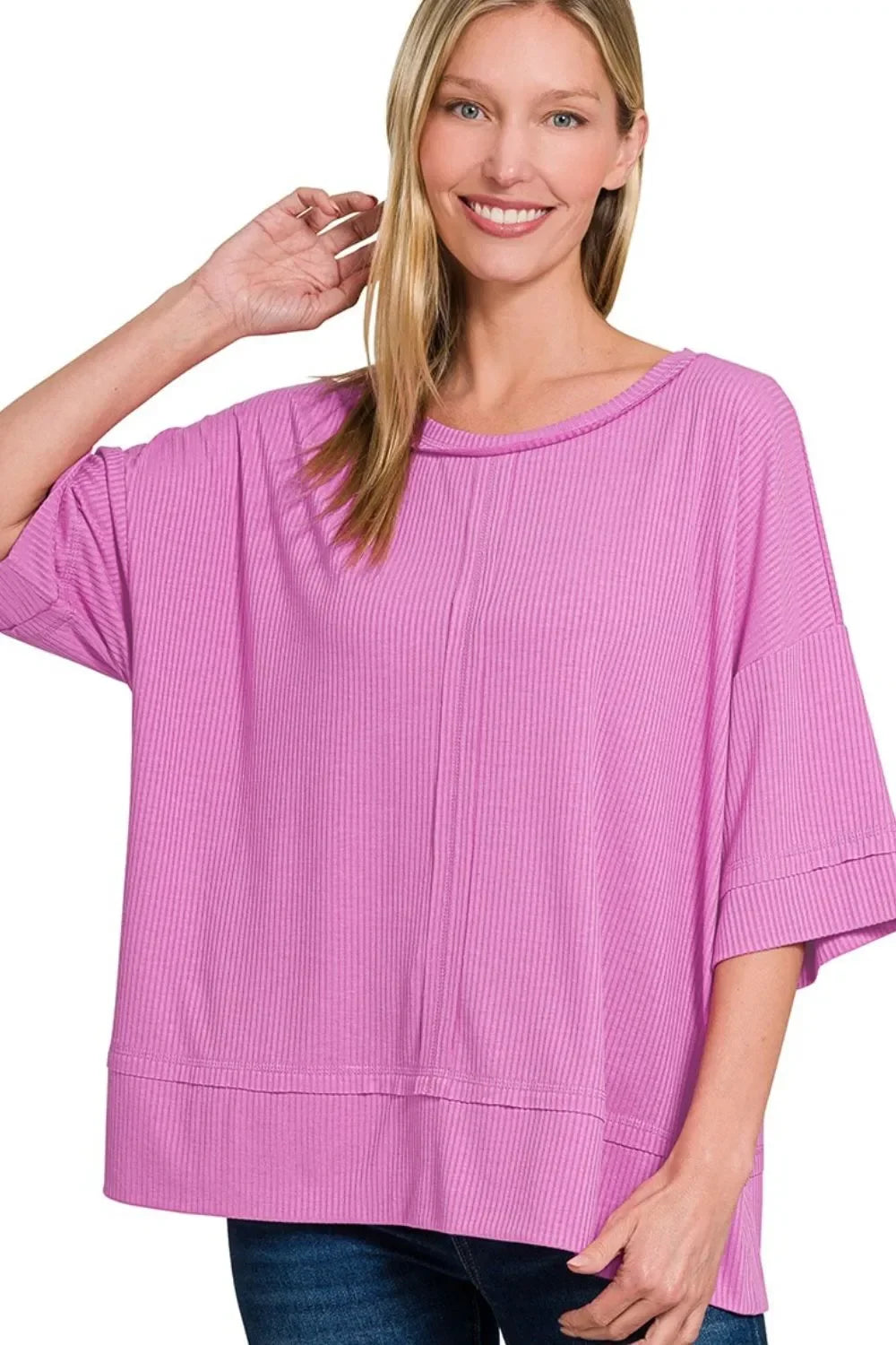 Ribbed Boat Neck 3/4 Sleeve Top - Eva's Edition