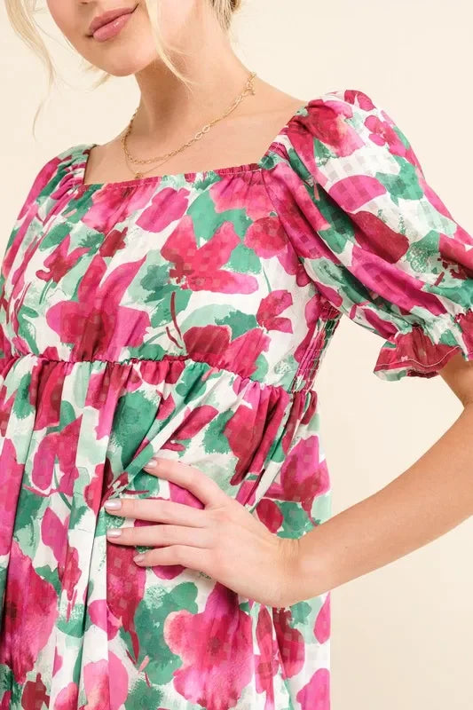Smocked Floral Ruffle Short Sleeve Mini Dress - Eva's Edition