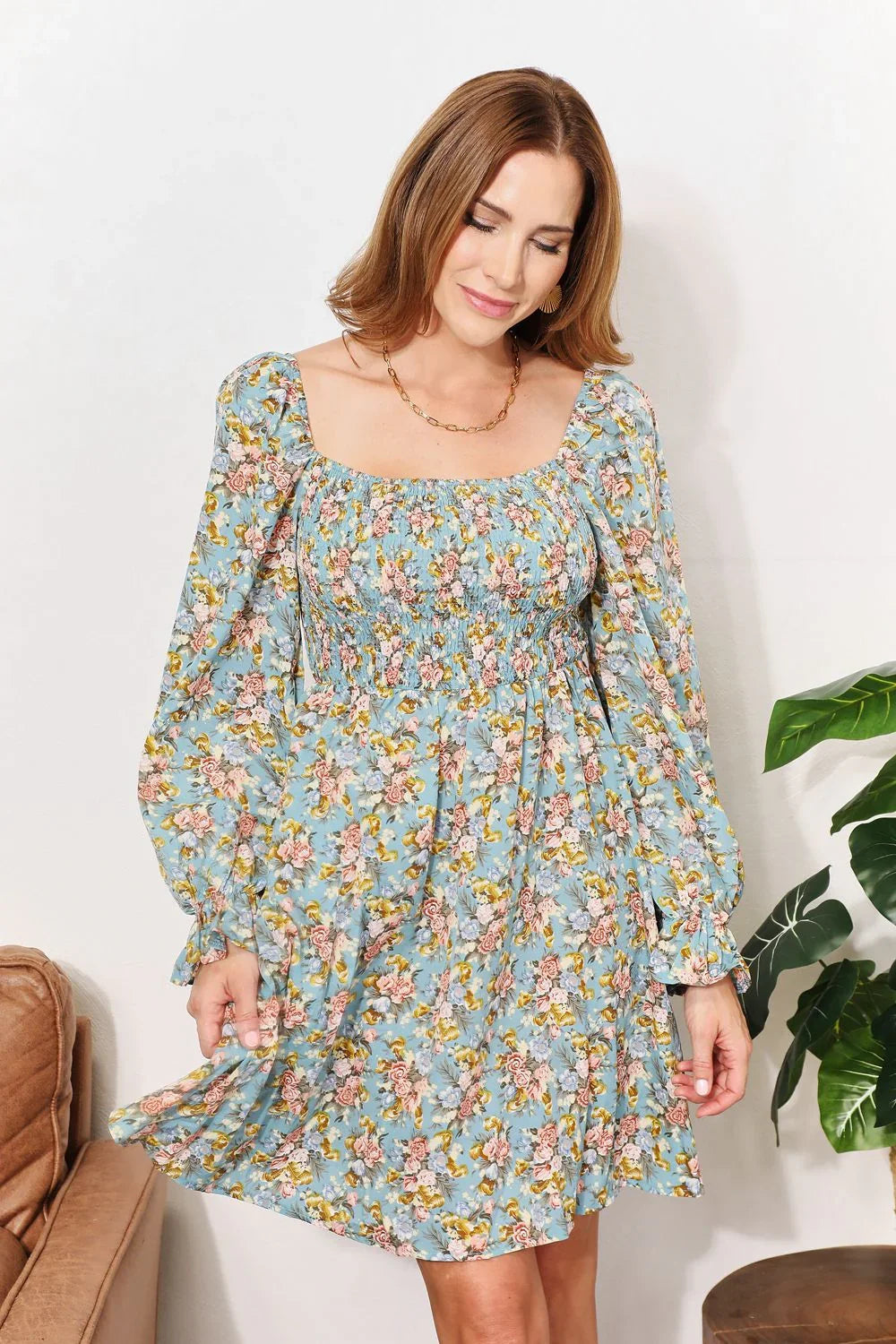 Honey Floral Smocked Flounce Sleeve Square Neck Dress - Eva's Edition