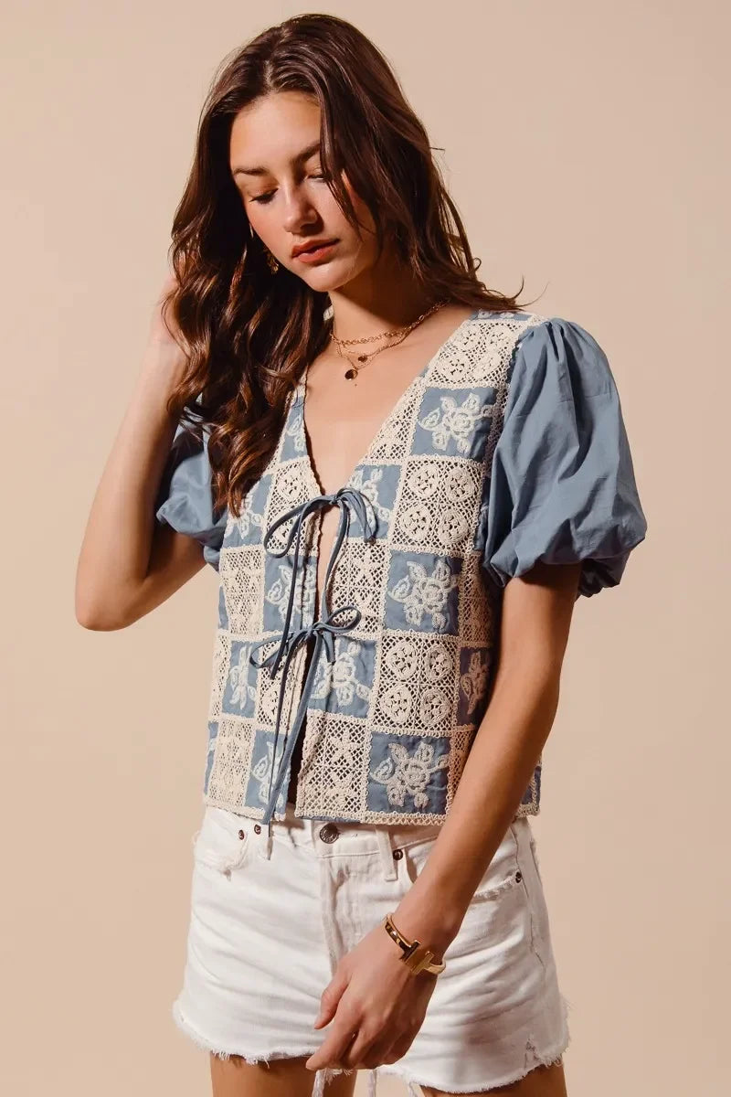 Crochet Lace Tie Front V Neck Blouse Top - Eva's Edition
