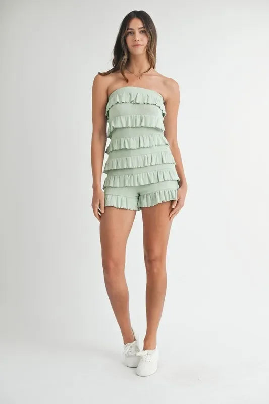 Pointelle Knit Fabric Ruffled Tube Romper - Eva's Edition
