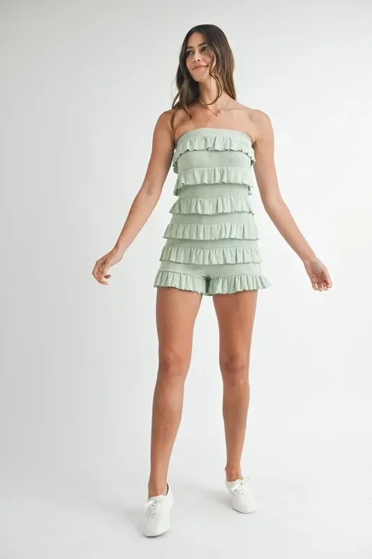 Pointelle Knit Fabric Ruffled Tube Romper - Eva's Edition