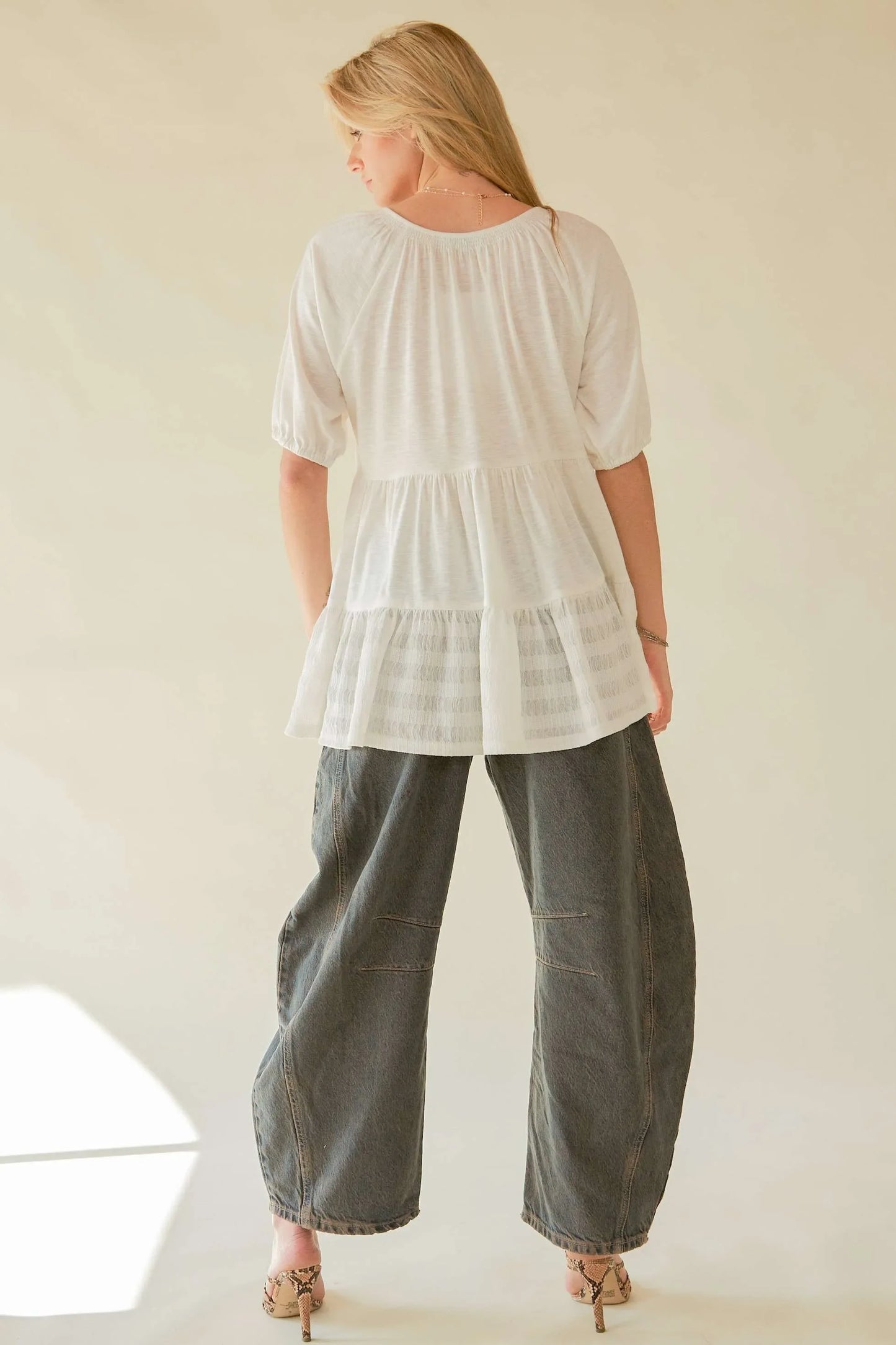 Flared Short Sleeve V Neck Blouse - Eva's Edition