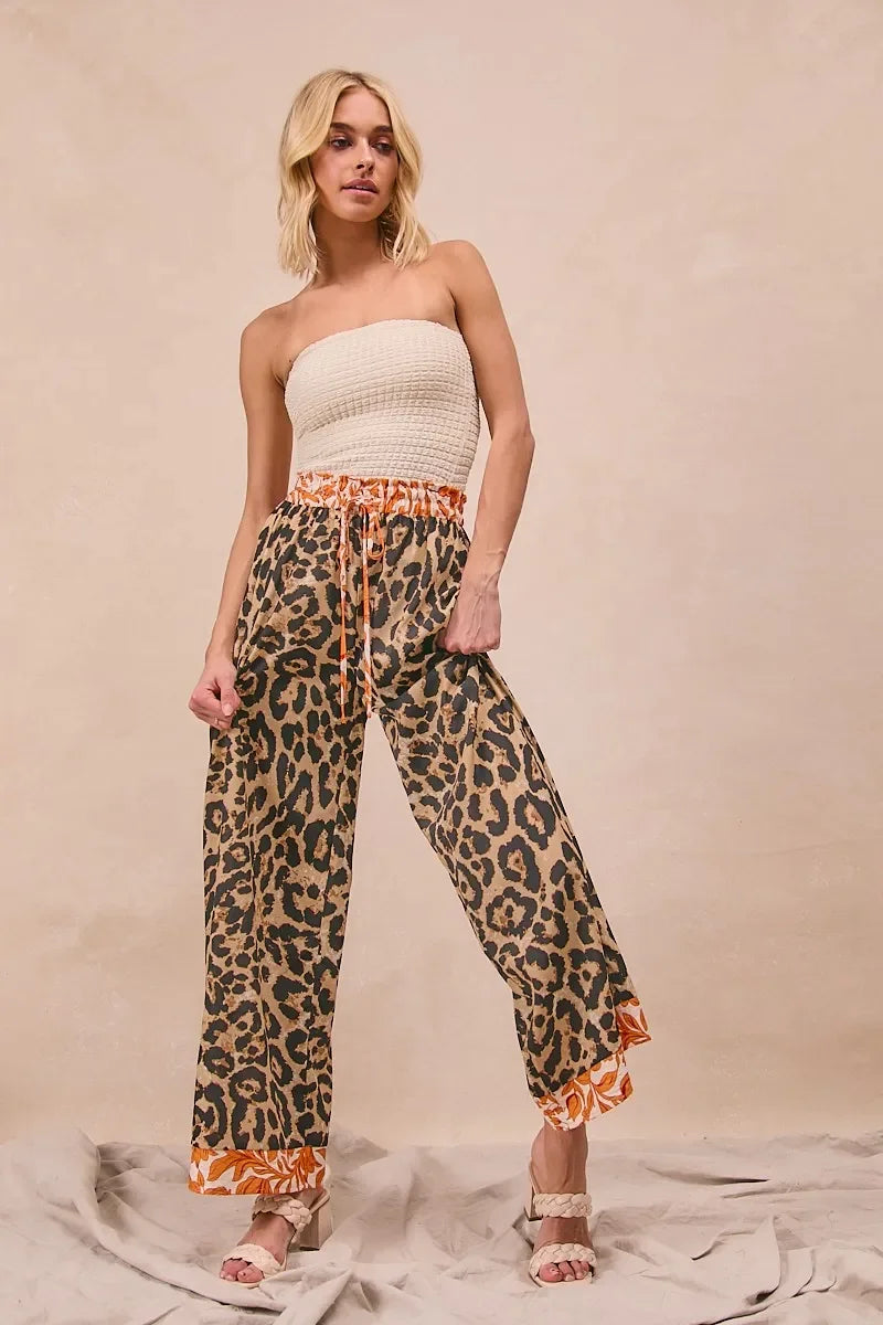 Leopard Print With Contrast Banded Wide Pants - Eva's Edition