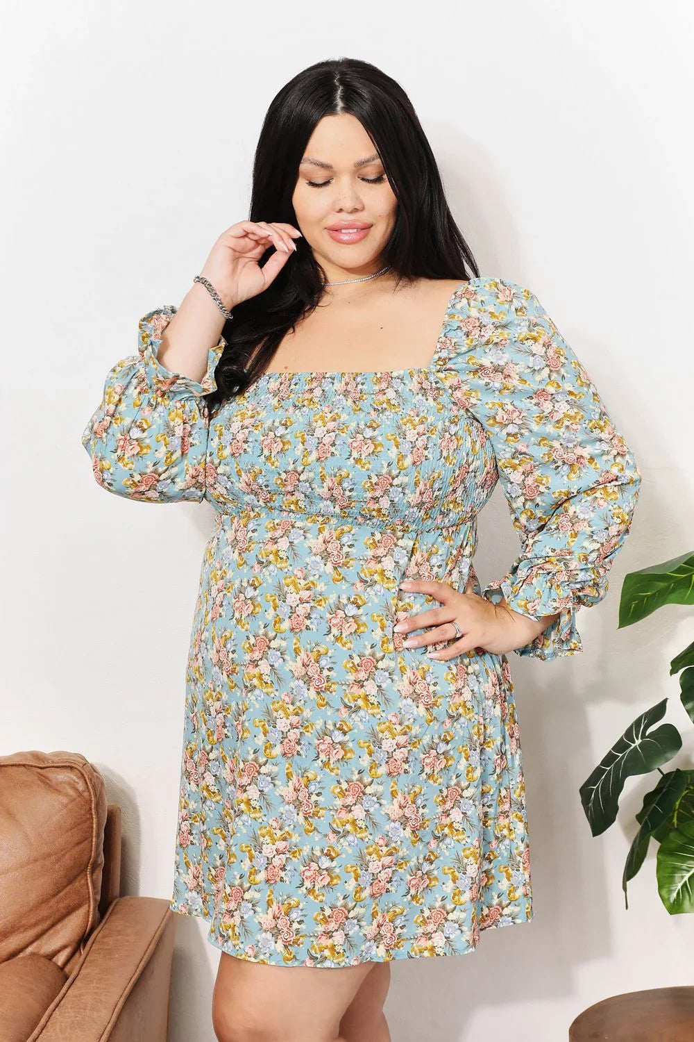 Honey Floral Smocked Flounce Sleeve Square Neck Dress - Eva's Edition