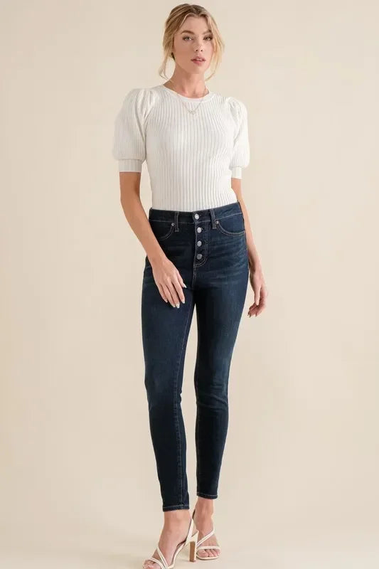 Puffed White Half Sleeve Rib Bodysuit - Eva's Edition
