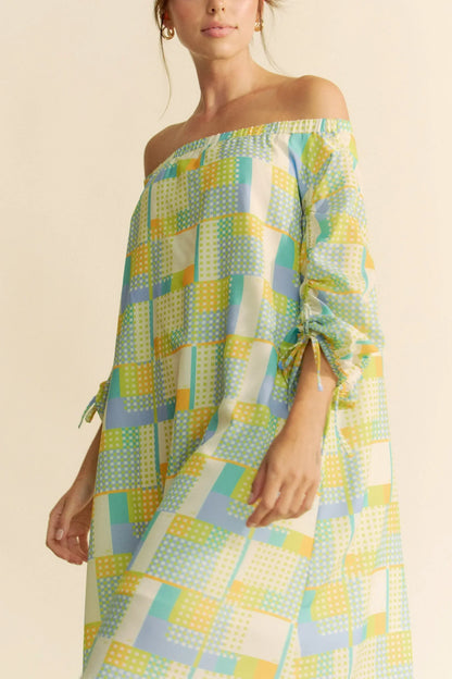 Printed Off Shoulder Drawstring Sleeve Mini Dress - Eva's Edition
