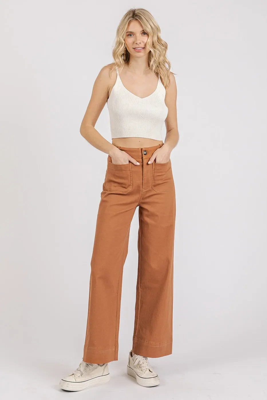 Twill Patch Pocket High Rise Wide Leg Pants - Eva's Edition