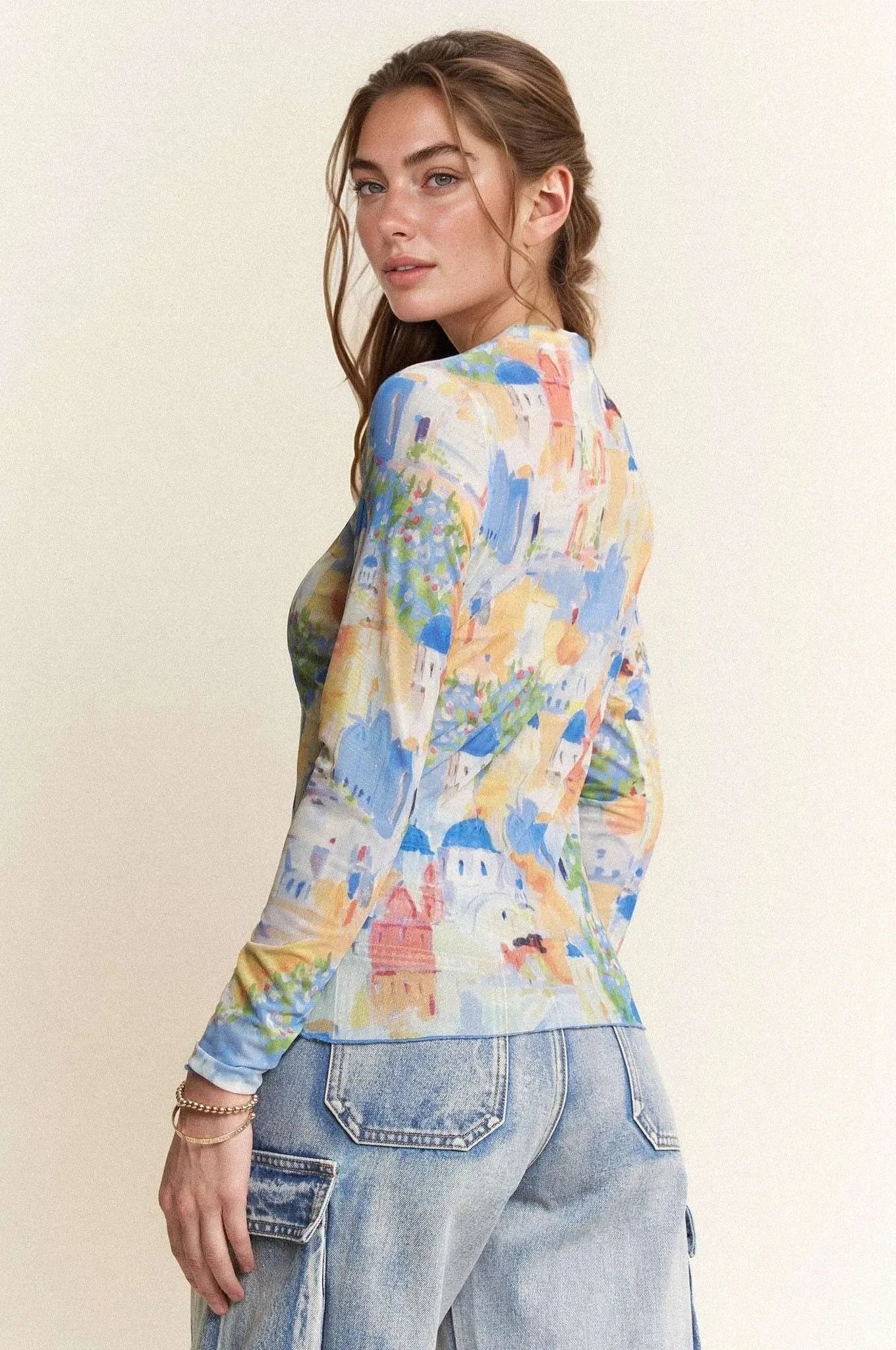 Multi Printed Mesh Round Neck Long Sleeve Top - Eva's Edition