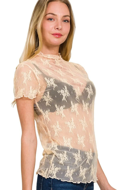 Lace See-through Layering Short Sleeve Top - Eva's Edition