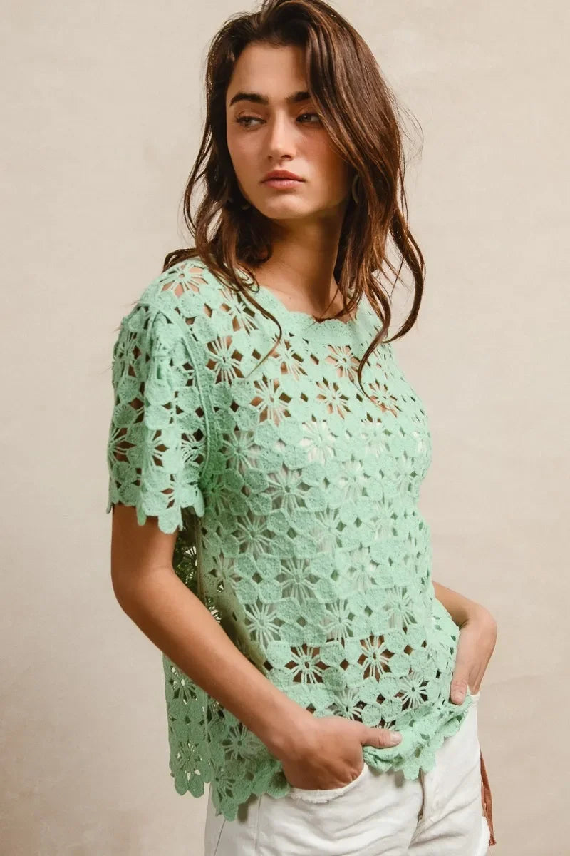Openwork Crochet Short Sleeve Knit Top - Eva's Edition