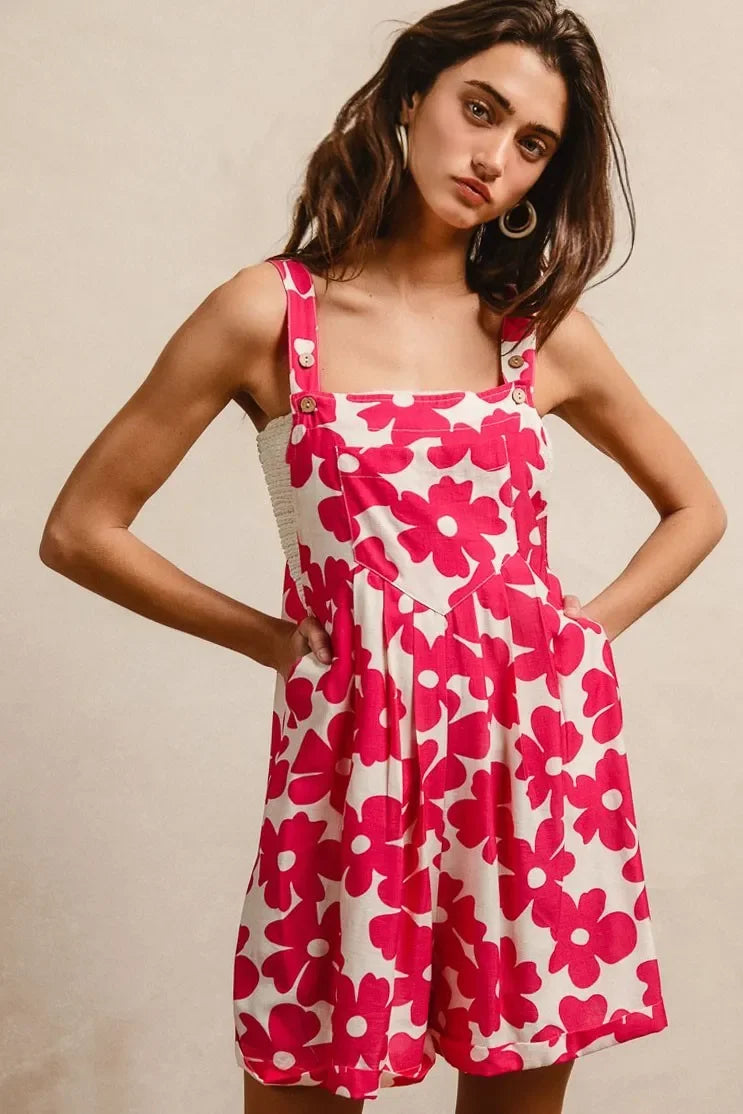 Floral Prints Tuck Detail Short Overall With Pockets - Eva's Edition