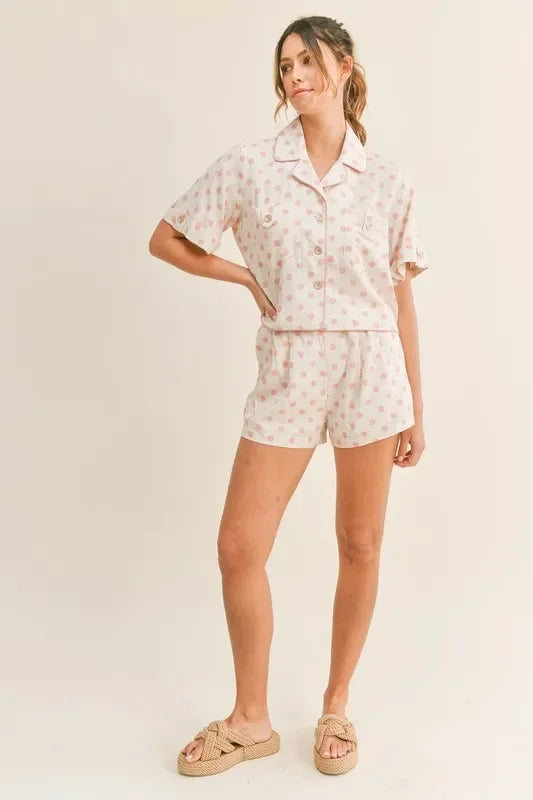Polka Dot Collar Crop Top and Short Lounge Set - Eva's Edition