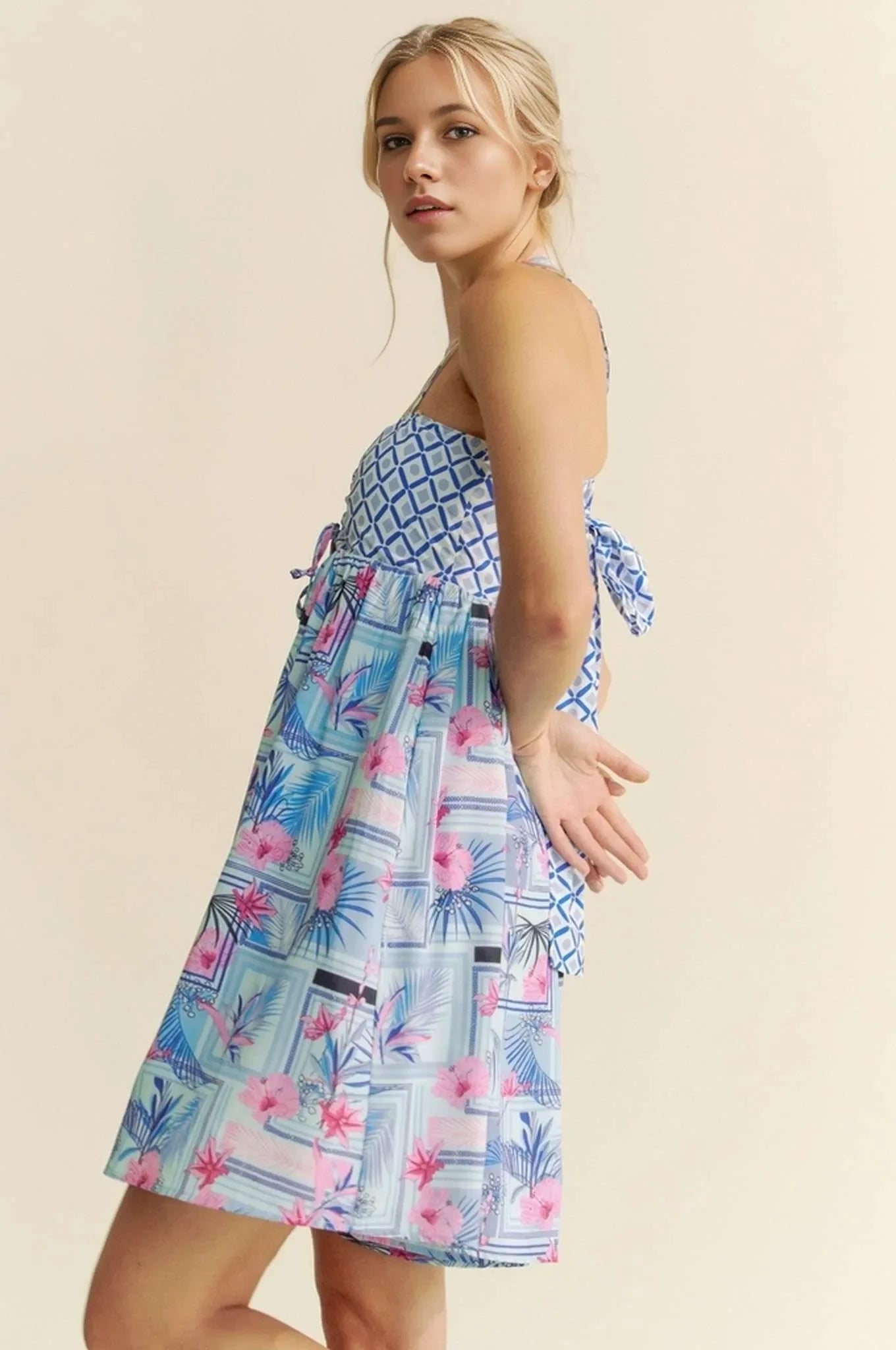 Tropical Floral Geo Print Tie Back Tube Top Romper - Eva's Edition