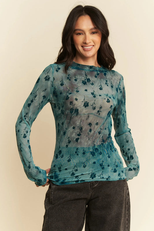 Floral Mesh Long Sleeve Sheer Layering Top - Eva's Edition