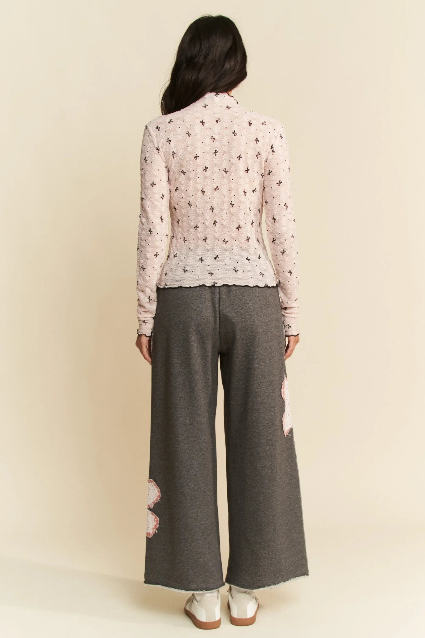 Ribbon Bow Lace Hem Long Sleeve Mesh Layering Top - Eva's Edition