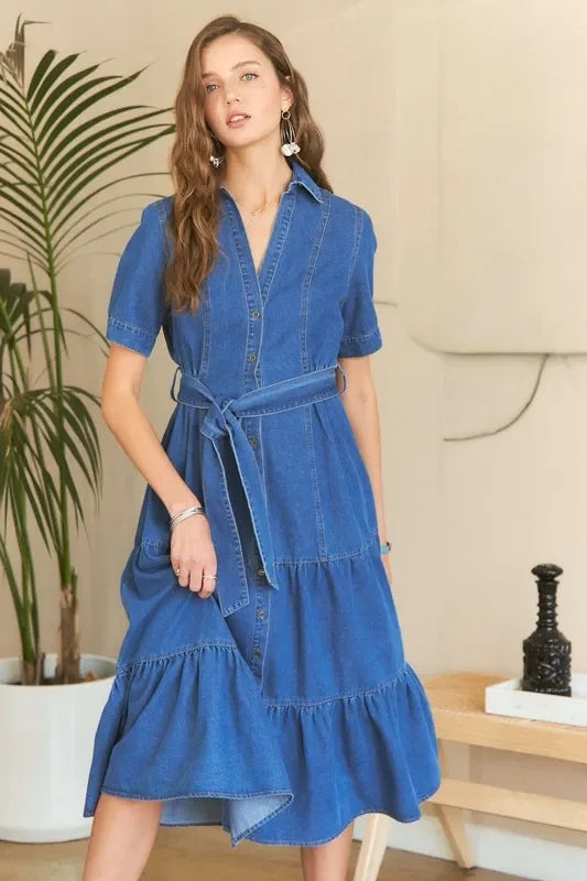 Tiered Button Down Tie Waist Short Sleeve Denim Dress - Eva's Edition