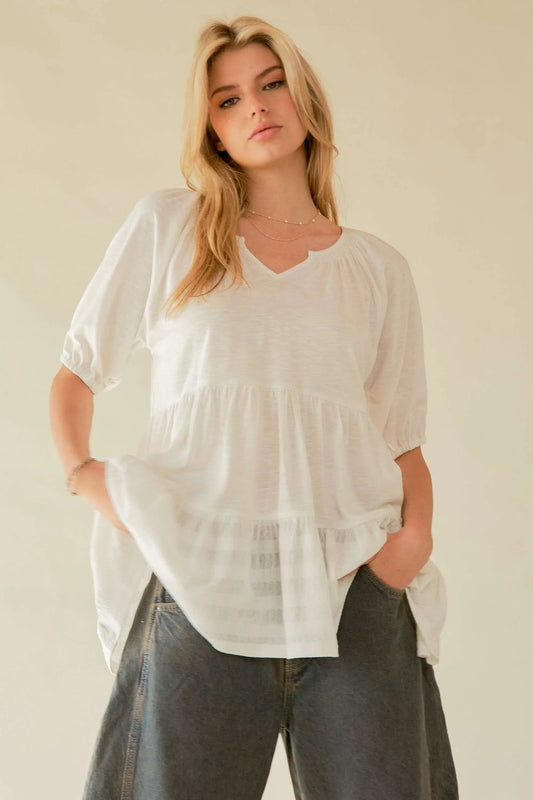 Flared Short Sleeve V Neck Blouse - Eva's Edition