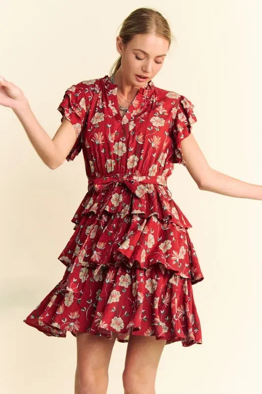 Ruffle Flutter Sleeve Tie Belt Tiered Mini Dress - Eva's Edition