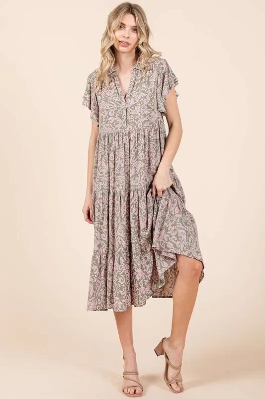 Abstract Print Ruffle Tier Midi Dress - Eva's Edition