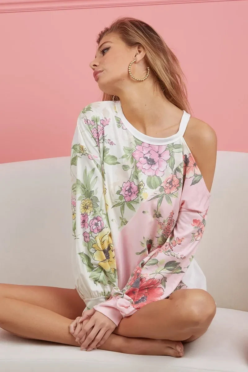 Floral Printed French Terry Color Block Top - Eva's Edition