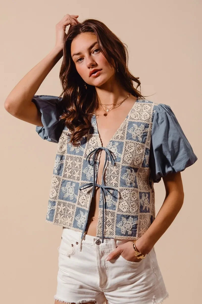 Crochet Lace Tie Front V Neck Blouse Top - Eva's Edition