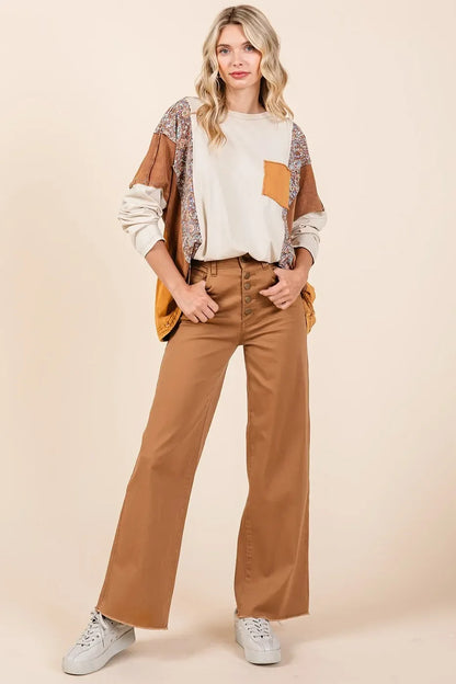 Twill High Waisted Button Fly Wide Leg Pants - Eva's Edition
