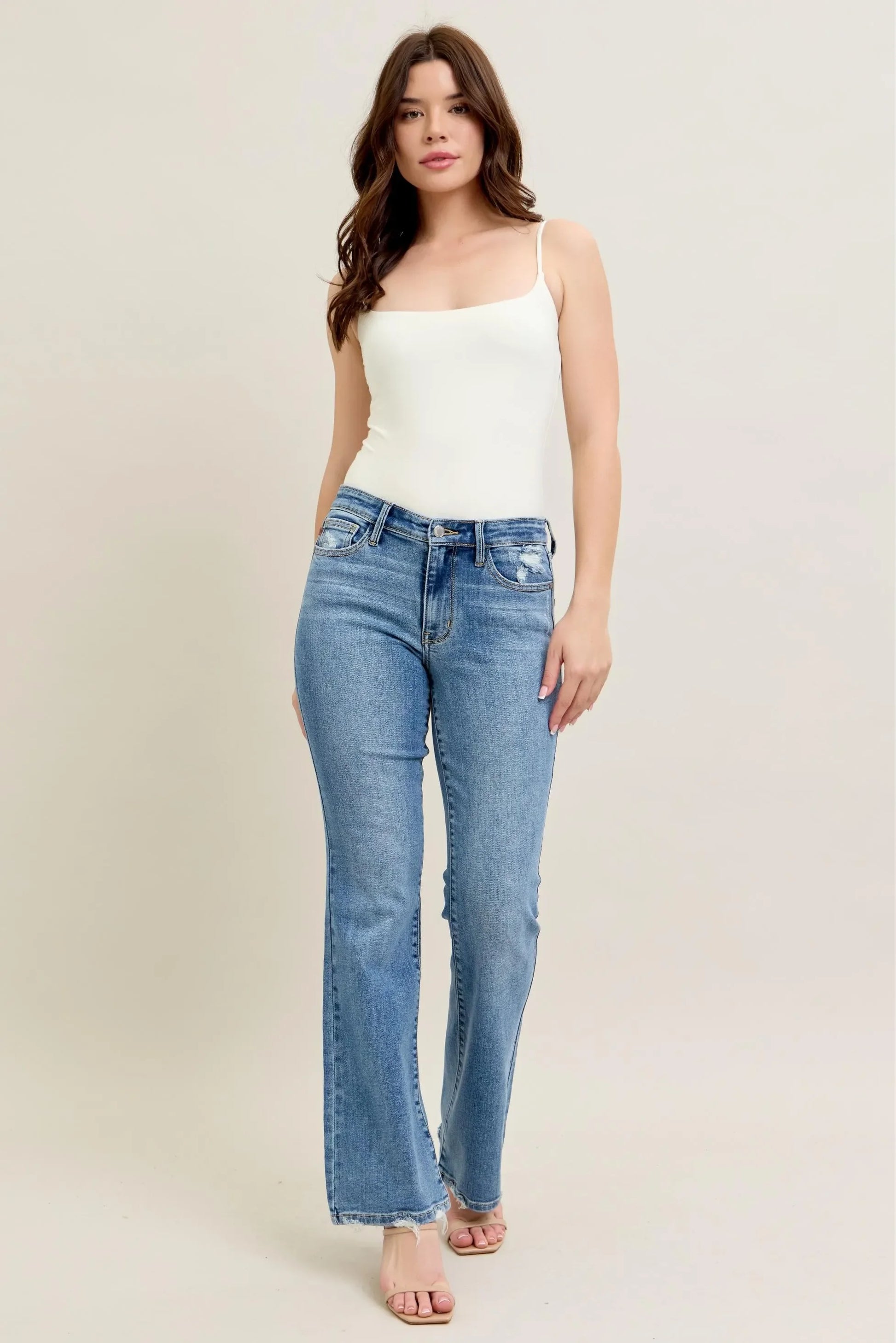 Mid Rise Wash Destroy Hem Bootcut Jeans - Eva's Edition