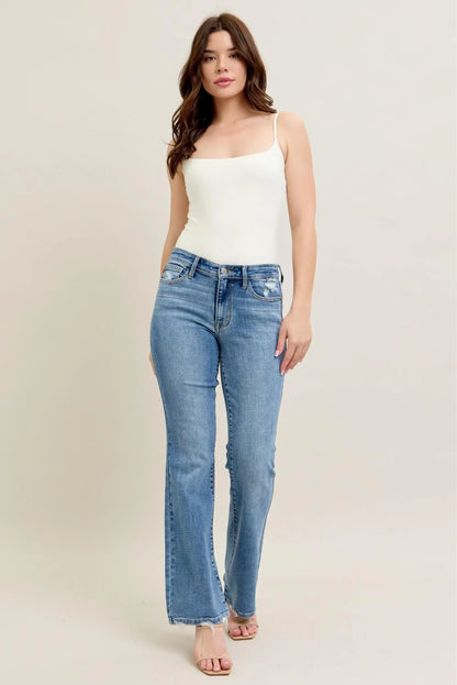 Mid Rise Wash Destroy Hem Bootcut Jeans - Eva's Edition