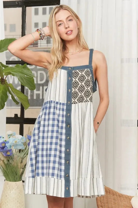 Patchwork Button Front Mini Dress - Eva's Edition