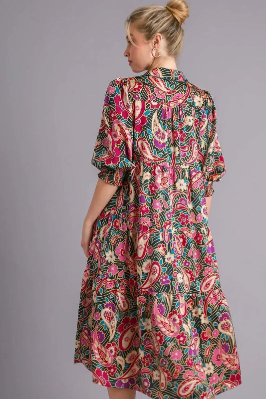 Umgee Full Size Paisley Print Satin Tiered Midi Dress Plus Size - Eva's Edition
